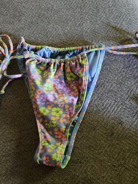 Floral Tie-Side Bikini Bottom in Blue with Neon Floral Print